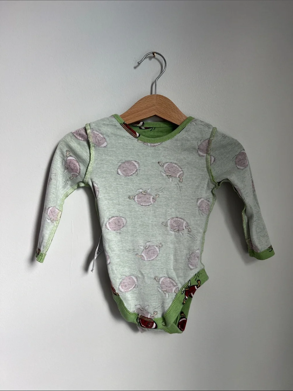 Old Navy | 100% Cotton Green Football-Print Long-Sleeve Baby Bodysuit Sz 6-12M